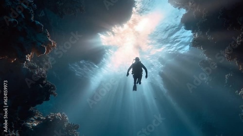 Underwater diver exploring a coral reef