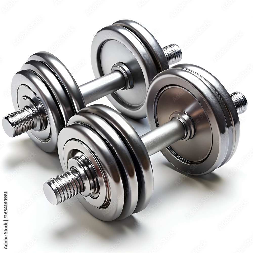 Naklejka premium Pair of chrome dumbbells isolated on white background for fitness and exercise