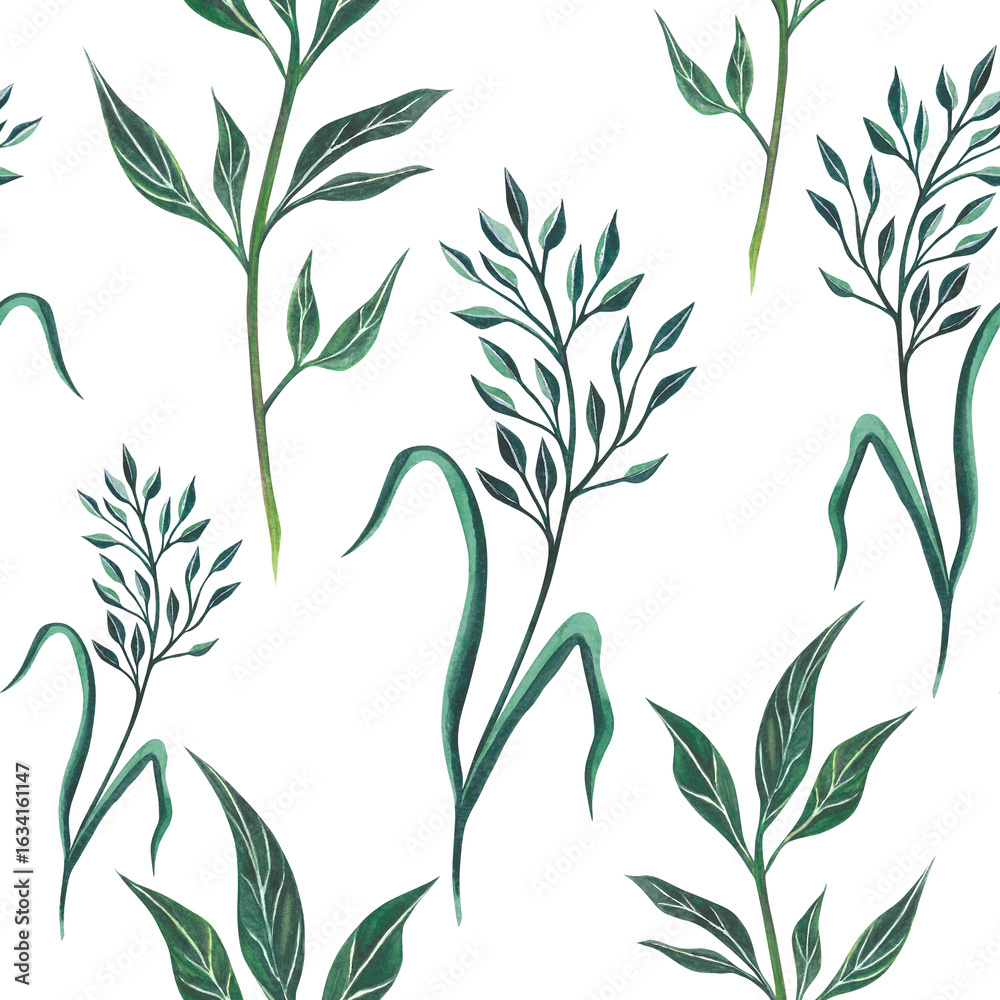Naklejka premium Watercolor floral pattern of green leaves, greenery, branches. Hand drawn watercolor illustrations on transparent background