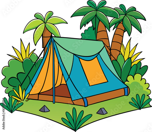 A camping tent located in a dense tropical forest, with rich green vegetation and towering trees surrounding it