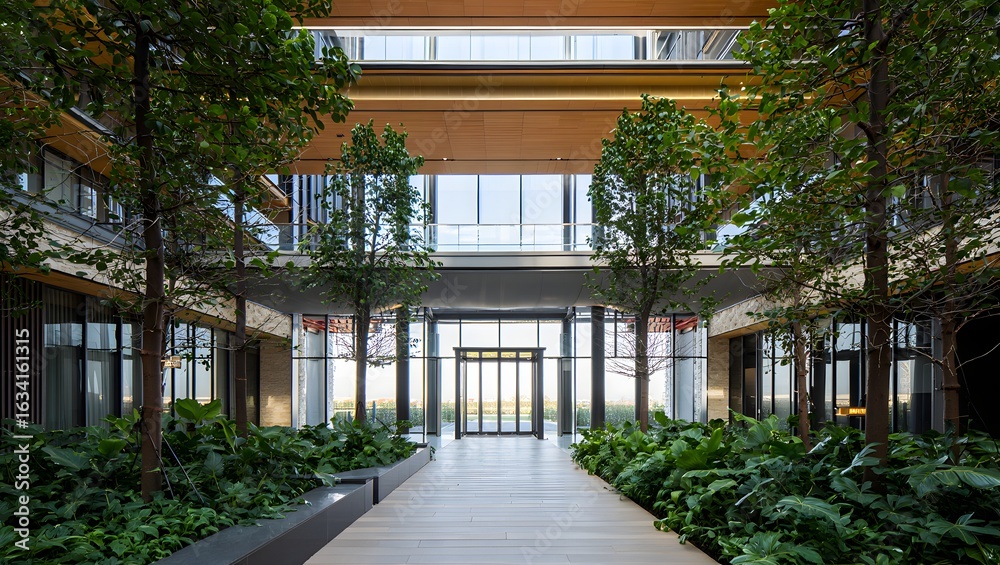 Obraz premium Modern indoor courtyard with lush greenery and natural light