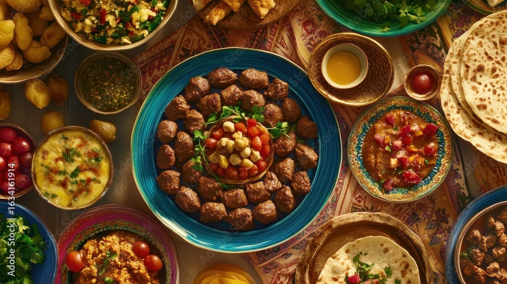 Fototapeta premium Colorful Arrangement of Traditional Dishes on a Table Setting