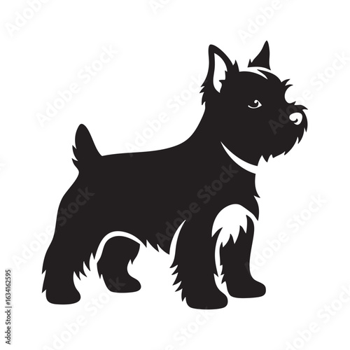 Vector art of silhouette of a scottish terrier dog standing in black and white perfect for logos and designs