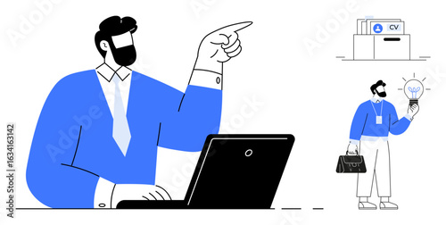 Man working on laptop pointing, filing CVs into box, holding briefcase with lightbulb Ideal for employment, recruitment, creativity, innovation, hiring, career development, teamwork simple flat