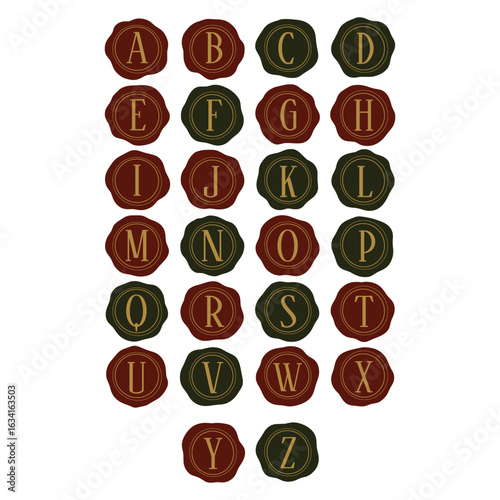 Elegant dark academia alphabet embossed on wax seals