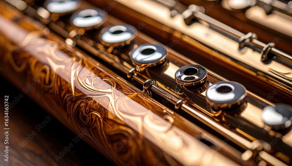 Naklejka premium Close Up Of A Decorative Flute With Golden Keys