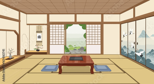 Serene Japanese Interior With Tatami Mats And Garden View