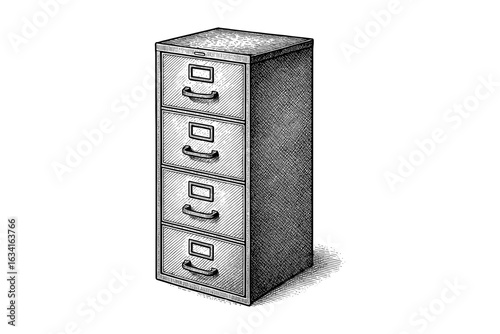Vintage engraved filing cabinet with four drawers in detailed retro style