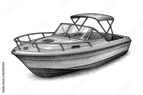 Hand drawn sketch of cabin cruiser boat with black and white details