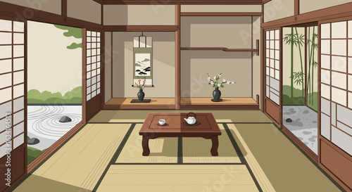 Tranquil Japanese Room With Tea Ceremony And Serene Garden Views