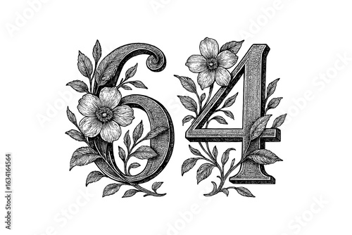 Intricate floral number 64 with vintage botanical elements in black and white