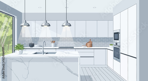 Modern Kitchen Interior With Marble Island And Natural Light