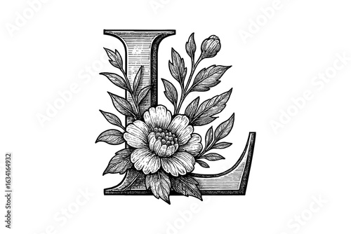 Intricate floral monogram l with vintage botanical detail