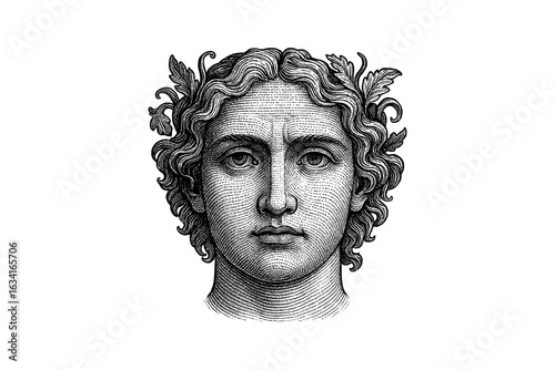 Intricate engraved classical sculpture face with ornate details