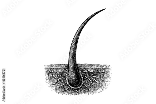 Detailed monochrome hair follicle sketch capturing intricate dermatological anatomy