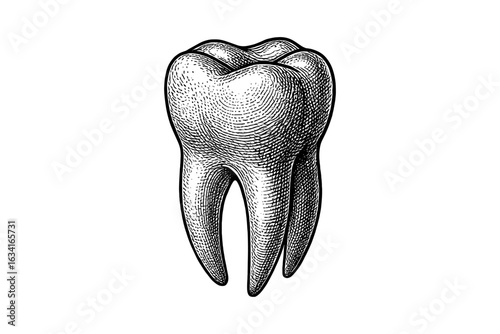 Detailed engraving of a human tooth in vintage medical style