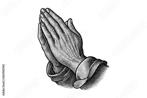 Detailed engraving of praying hands with realistic textures