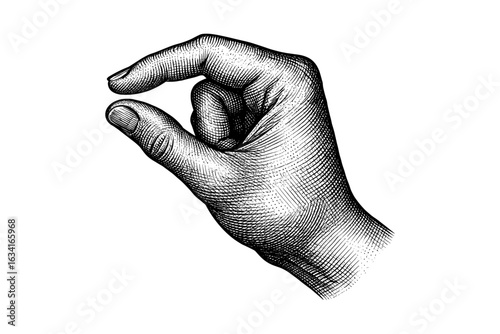 Intricate engraving of hand gesturing pinch grip in vintage style