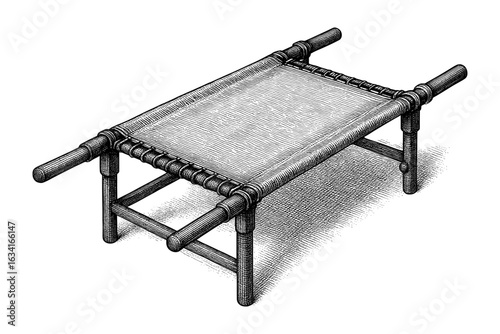 Detailed vintage engraving of traditional wooden cot featuring intricate woodwork patterns