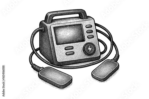 Detailed engraved style defibrillator with electrodes for medical use