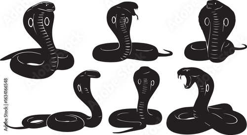 Six Black Silhouette Cobra Snakes in Various Poses Including Open Mouth on White Background serpent reptile