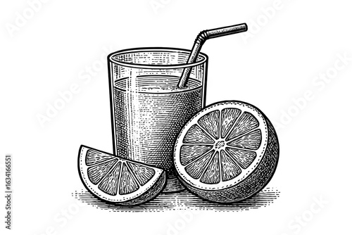 Hand drawn citrus juice with sliced orange and straw on white background