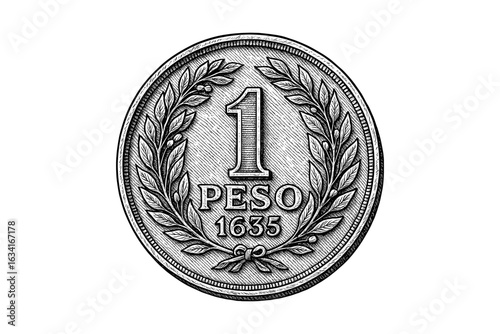 Detailed vintage coin design featuring 1 peso and laurel leaves from 1635