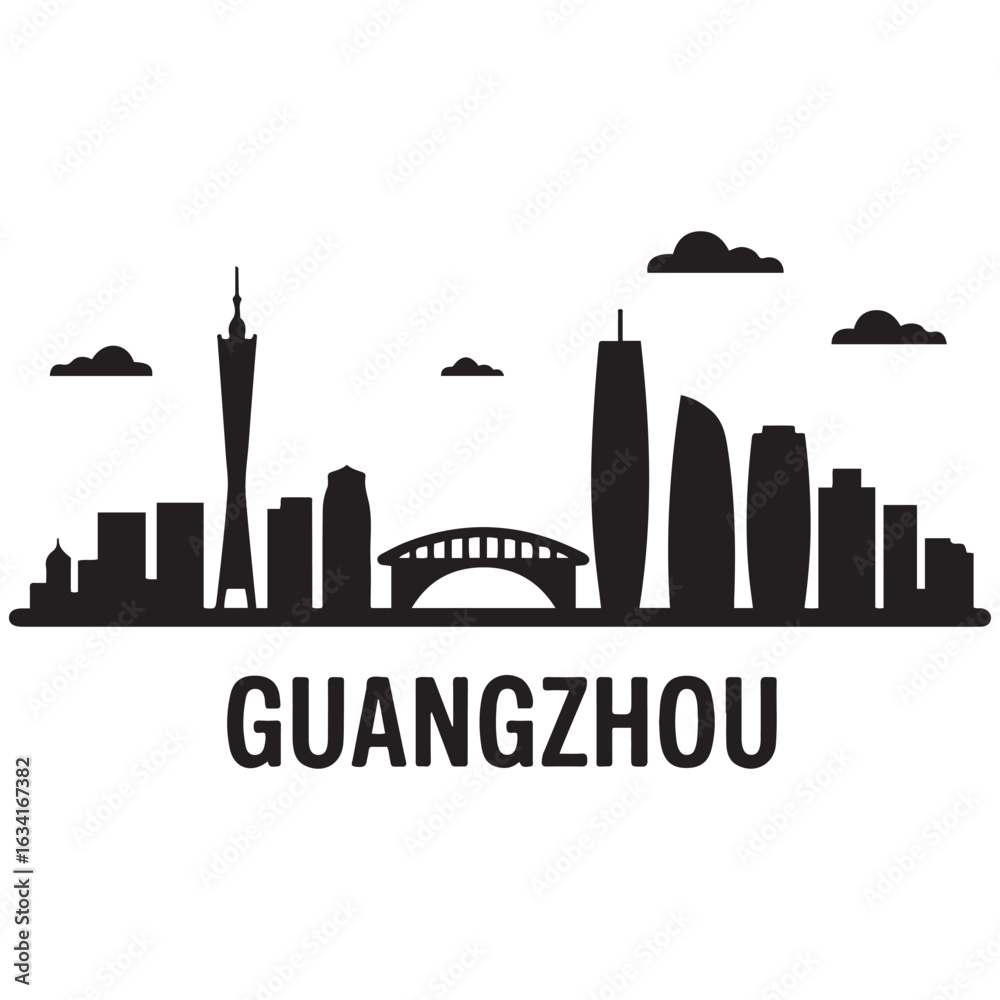 Obraz premium Guangzhou skyline horizontal banner. Guangzhou, China. Vector template for your design. Vector black silhouette. with white background.