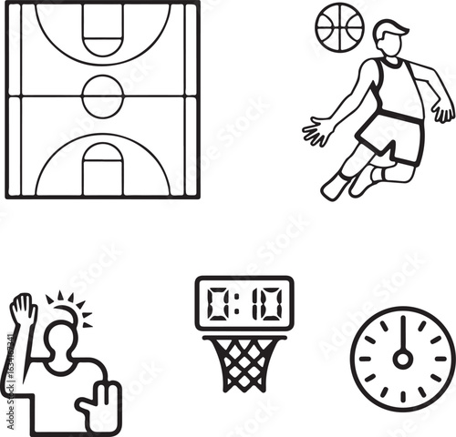 Basketball Court & Game Elements Icon Pack – Line Icons of Court, Player Dribbling, Slam Dunk, Referee, and Shot Clock