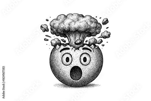 Surprised cartoon face with exploding mind in vintage engraving style
