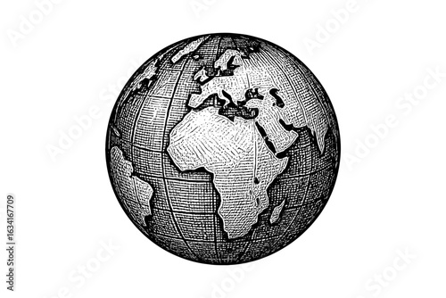 Detailed black and white hatching style globe featuring europe and africa