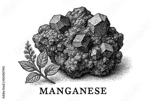 Hand-drawn manganese mineral with branch in detailed black and white design