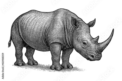 Intricate engraving of a detailed rhino in classic black and white art style
