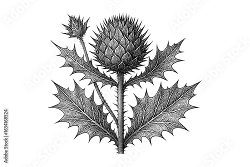 Intricate botanical drawing of thistle with detailed leaves and buds