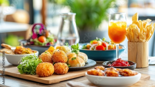 Colorful Assortment of Appetizers and Drinks on a Wooden Table