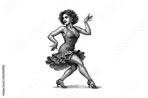 Vintage ink drawing of a female dancer striking a dynamic pose with curly hair