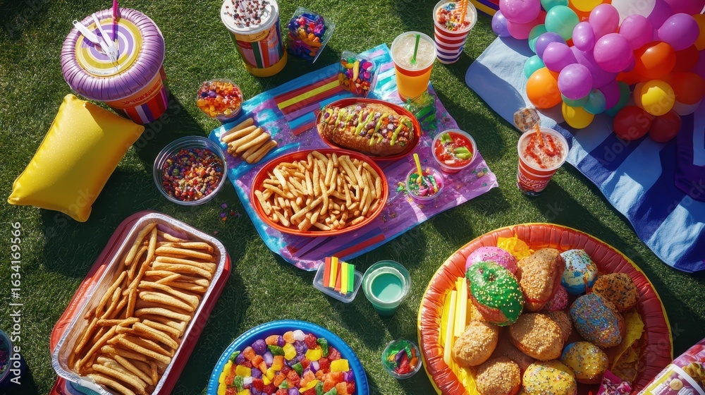 Obraz premium Colorful Outdoor Picnic with Variety of Fun Treats and Snacks