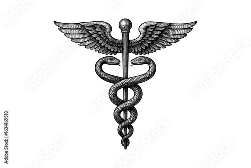 Medical caduceus with snakes and wings in detailed classic style