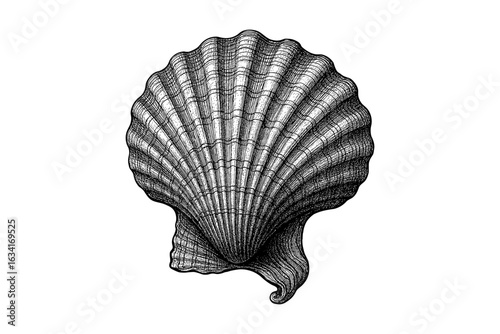 Intricate hand drawn pen sketch of a seashell on white background