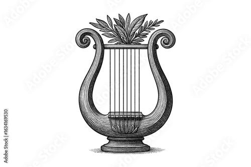 Intricate vintage musical instrument design featuring a classical lyre with ornamental details