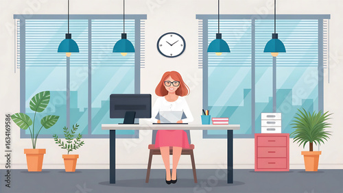 Illustration of a woman working on a laptop at her desk in a modern office space with plants and large windows