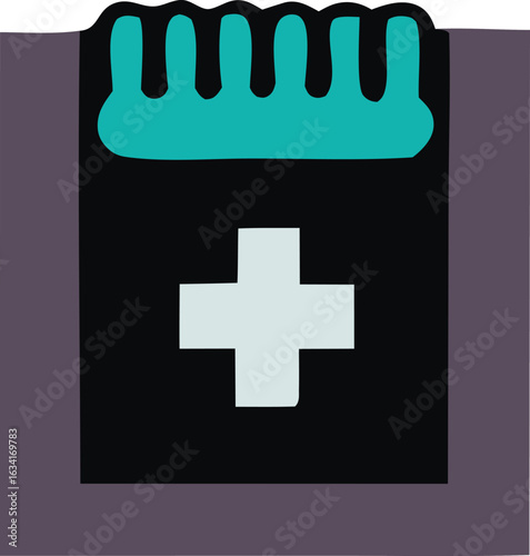 Stylized medical cross emblem with teal comb like top on a dark background with subtle texture