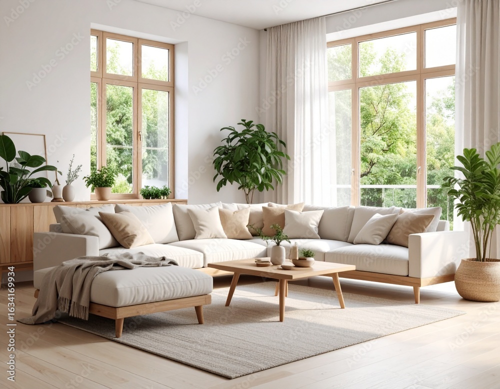Fototapeta premium A cozy modern minimalist living room, white walls, light wood furniture, indoor plants, natural lighting from large windows, clean and elegant, soft neutral color palette, Scandinavian style, realisti