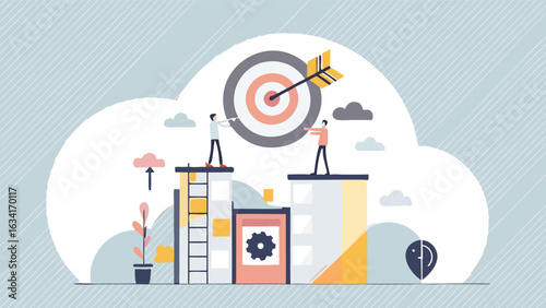 Illustration of two people aiming an arrow at a target on top of buildings with clouds background
