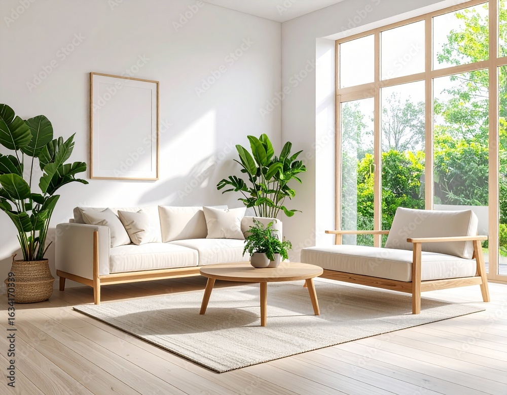 Fototapeta premium A cozy modern minimalist living room, white walls, light wood furniture, indoor plants, natural lighting from large windows, clean and elegant, soft neutral color palette, Scandinavian style, realisti