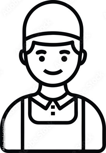 Stylized line art icon of a smiling person wearing a cap and apron isolated on transparent background