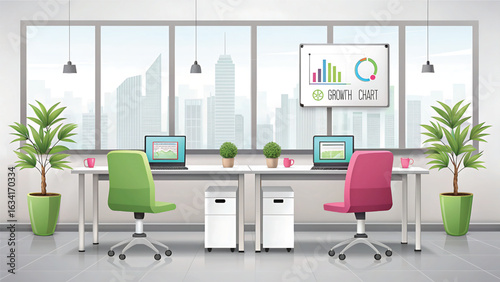 Modern Office Space with City View Desks Laptops and Growth Charts a Stylish and Productive Workspace for Business and Innovation