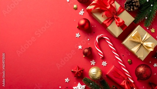 Christmas gifts and decorations on red background