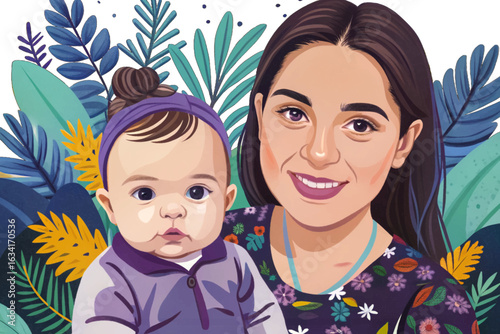 Mother close up holding baby while sitting on rocking chair cartoon