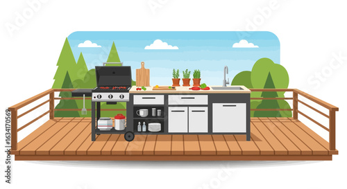 Outdoor Kitchen With Grill On Deck With Beautiful Landscape